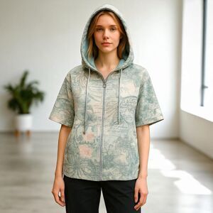 Green Tea Hoodie Sage Green Paisley Pink Short Sleeves Studs Womens Size XL